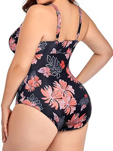 Plus-size black printed bikini swimsuit with mesh stitching on polyester fabric