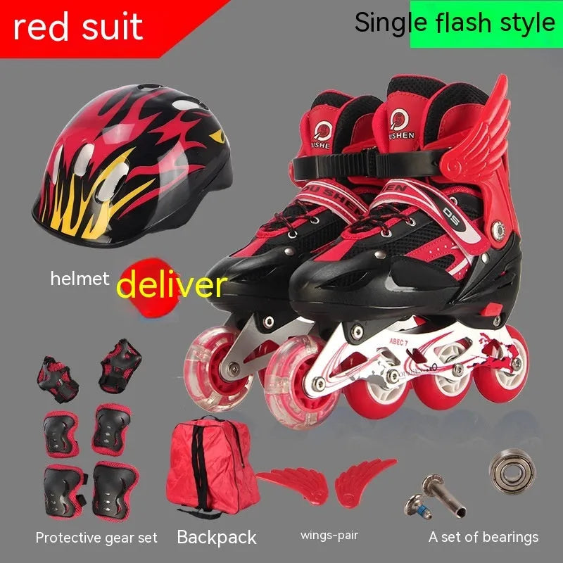 Children's adjustable PU skates in yellow, red, blue, black, or pink with aluminium frame, foam wheels, and protective gear