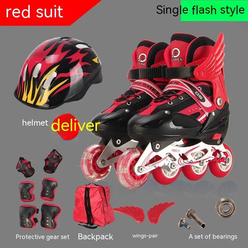 Children's adjustable PU skates in yellow, red, blue, black, or pink with aluminium frame, foam wheels, and protective gear