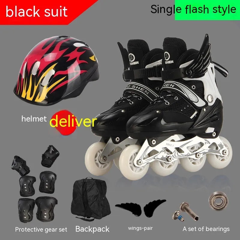 Children's adjustable PU skates in yellow, red, blue, black, or pink with aluminium frame, foam wheels, and protective gear
