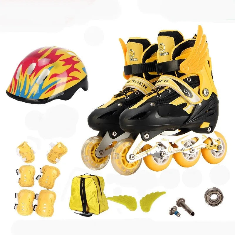 Children's adjustable PU skates in yellow, red, blue, black, or pink with aluminium frame, foam wheels, and protective gear