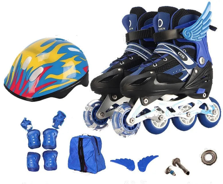 Children's adjustable PU skates in yellow, red, blue, black, or pink with aluminium frame, foam wheels, and protective gear