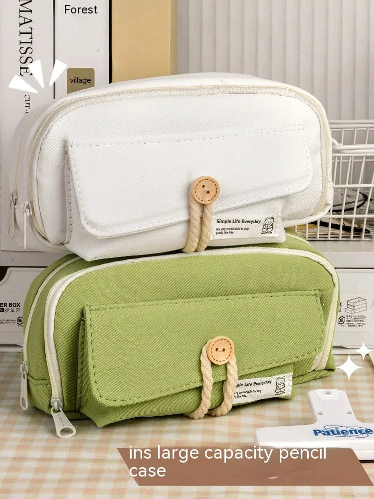 Green canvas pencil case with large capacity for pens in Korean style