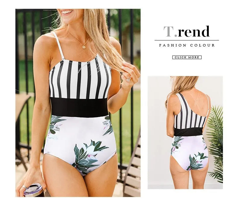 Women's leopard print one-piece swimsuit with an asymmetric collar and high waist triangle design.