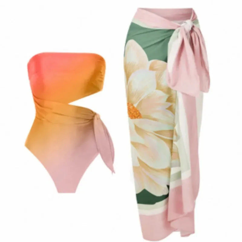 Women's retro print one-piece swimsuit in quick-drying polyester fabric
