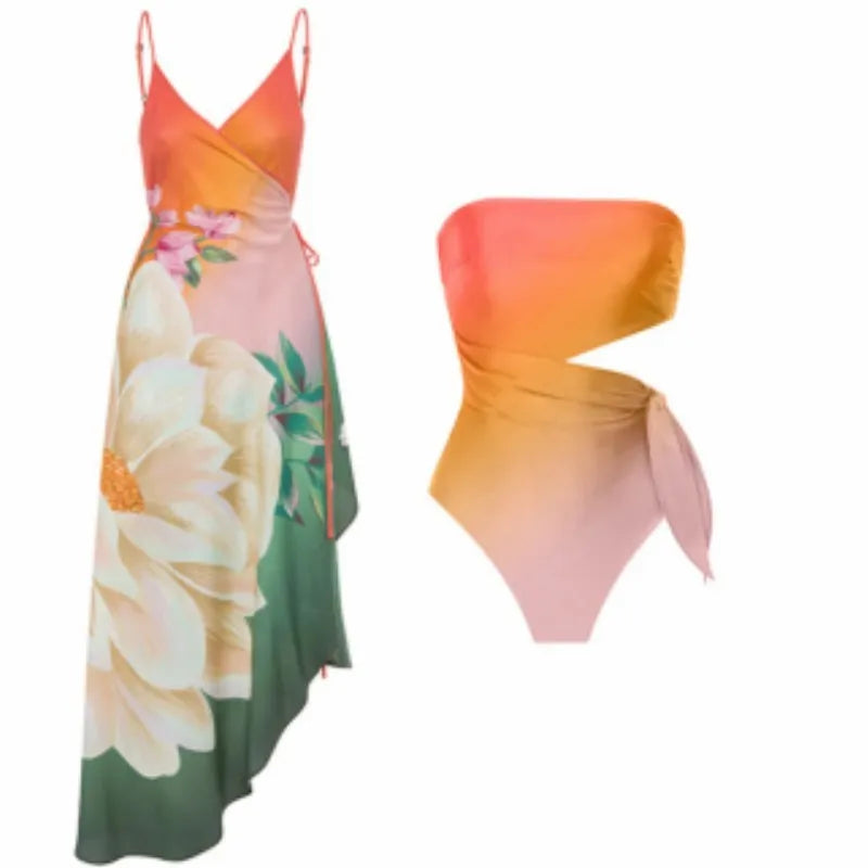 Women's retro print one-piece swimsuit in quick-drying polyester fabric
