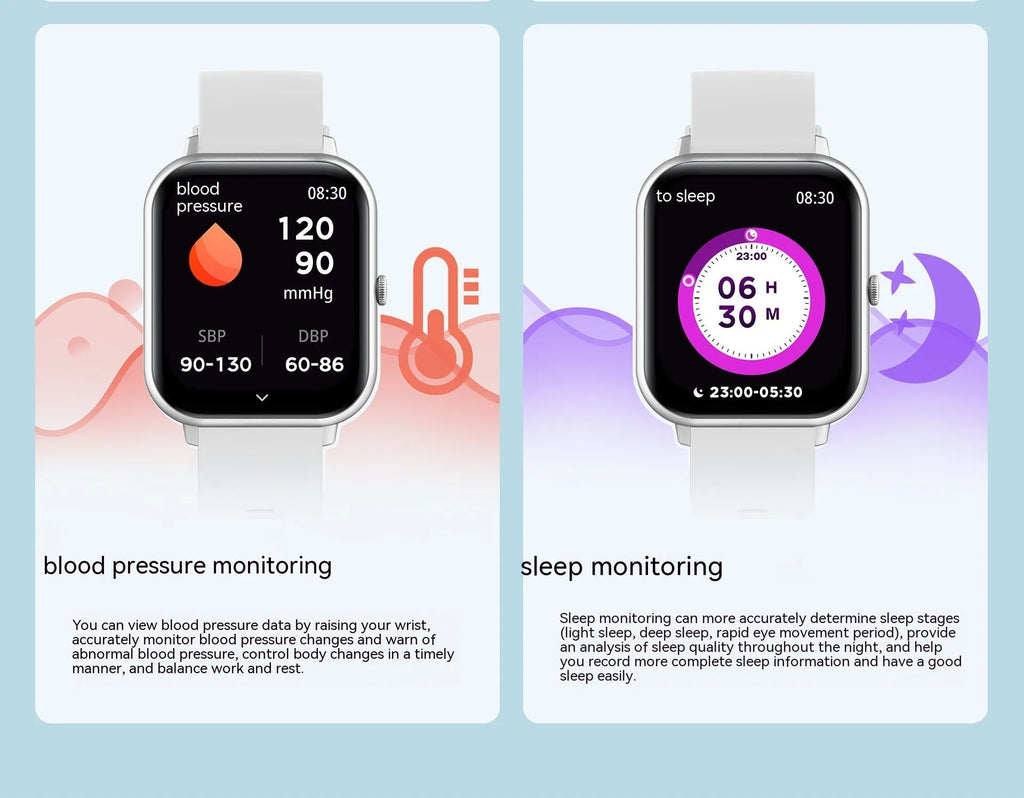Bluetooth smart watch with heart rate monitor on wrist, showing TFT screen, available in black, silver gray, pink, khaki.