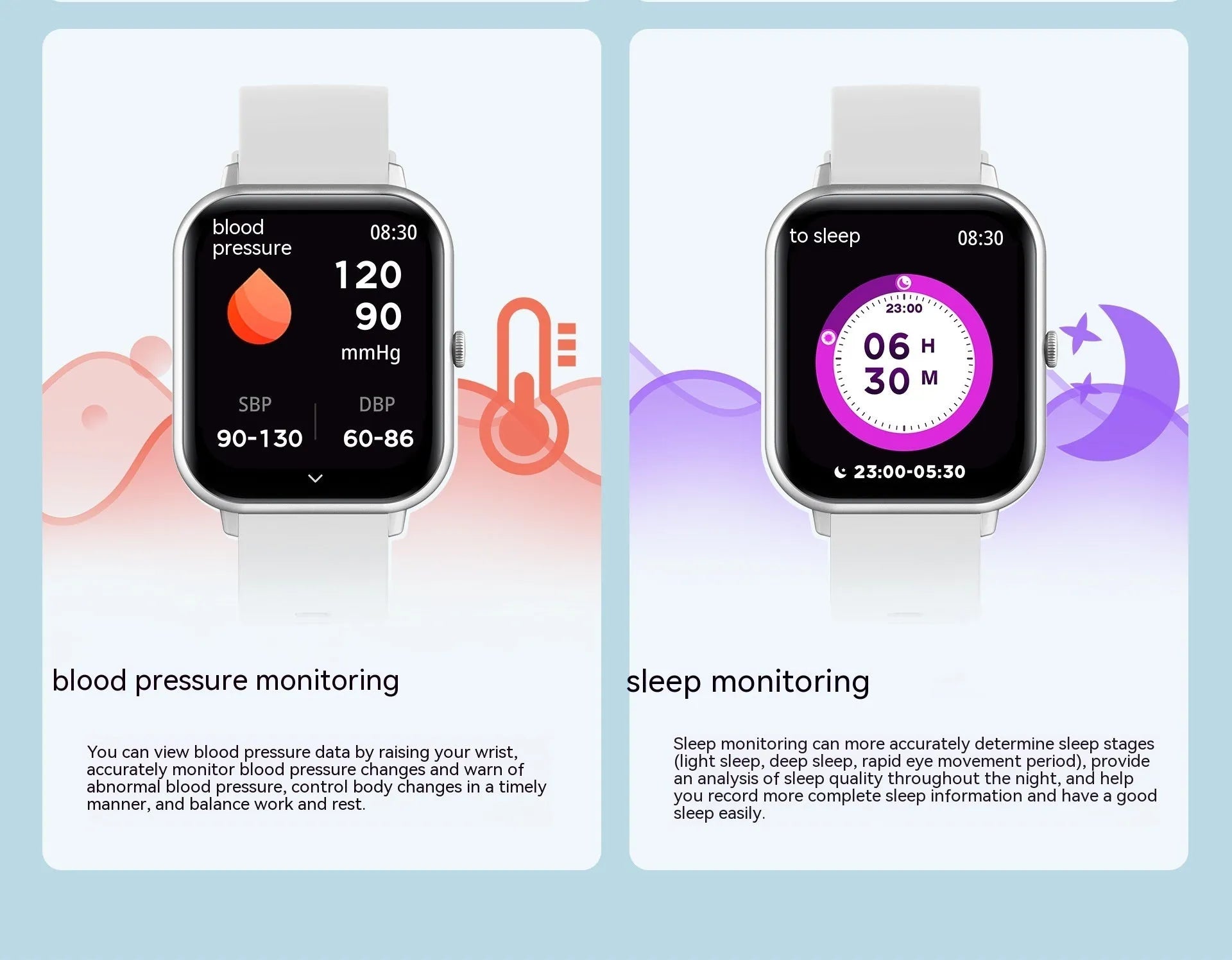 Bluetooth smart watch with heart rate monitor on wrist, showing TFT screen, available in black, silver gray, pink, khaki.