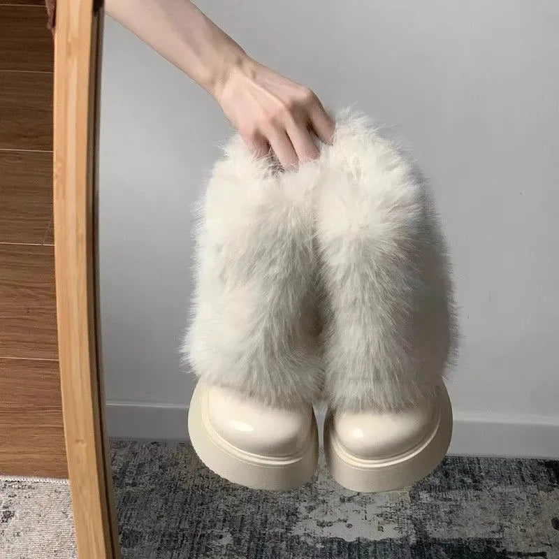 Women's black fleece-lined snow boots with waterproof platform and 3-5cm heel