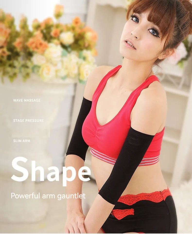 Women's black and skin colour nylon arm shaping sleeves for compression and toning