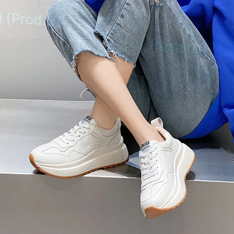 Women's beige cowhide leather casual sports shoes with mesh lining and English muffin heel