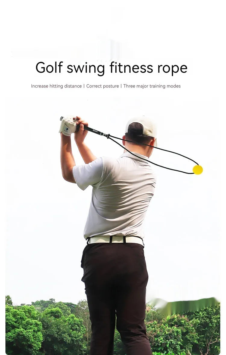 Black silicone elastic golf swing training rope extended to full length