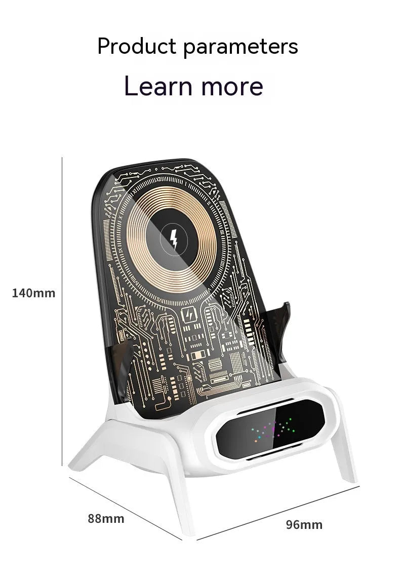 Transparent small chair wireless charger phone stand showing white, blue, and pink colour options