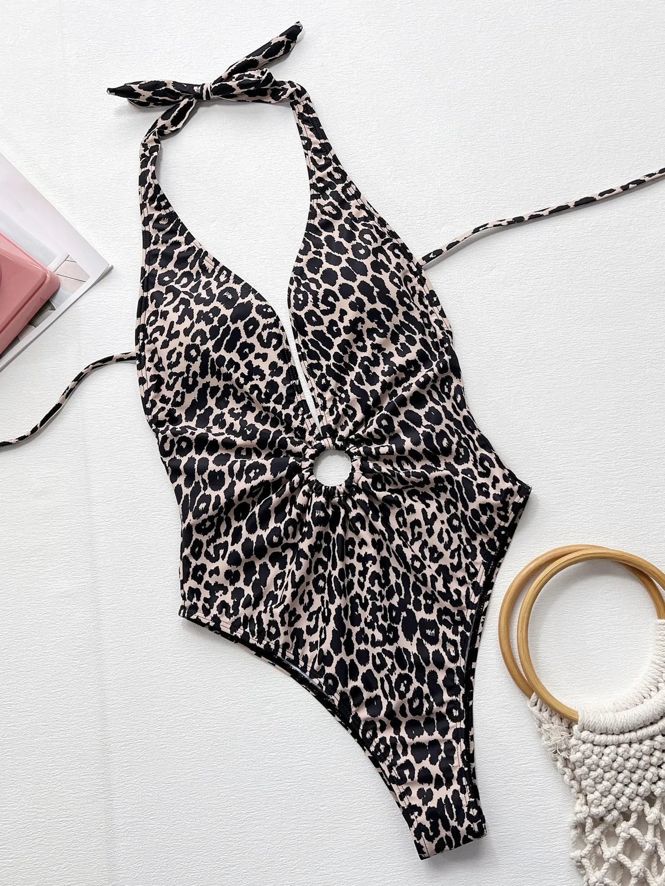 Leopard print women's one-piece swimsuit with hollow-out ring design showing front view