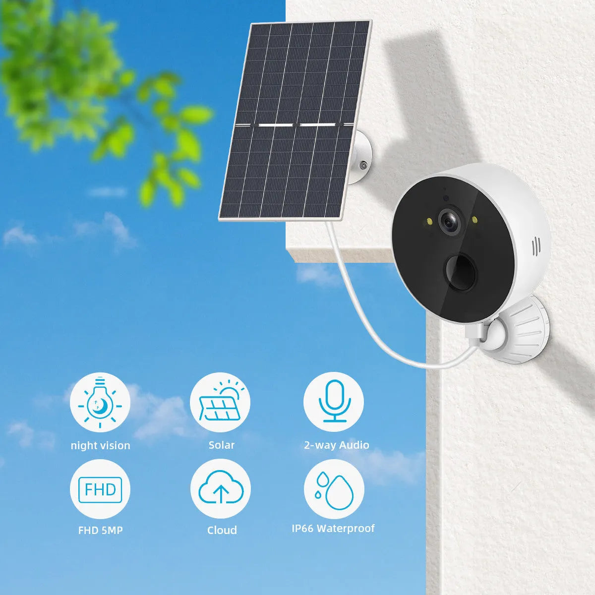 Solar panel outdoor security camera with 1080P HD recording capability