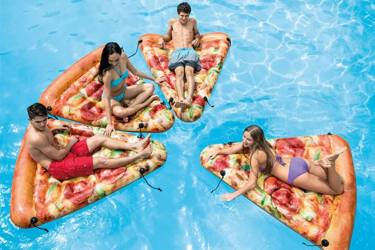 Pizza-shaped inflatable surfboard recliner floating on water, showing large 175cm size