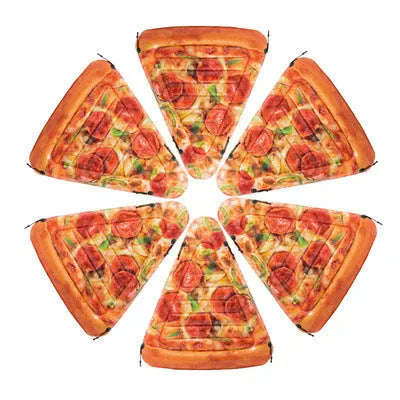 Pizza-shaped inflatable surfboard recliner floating on water, showing large 175cm size