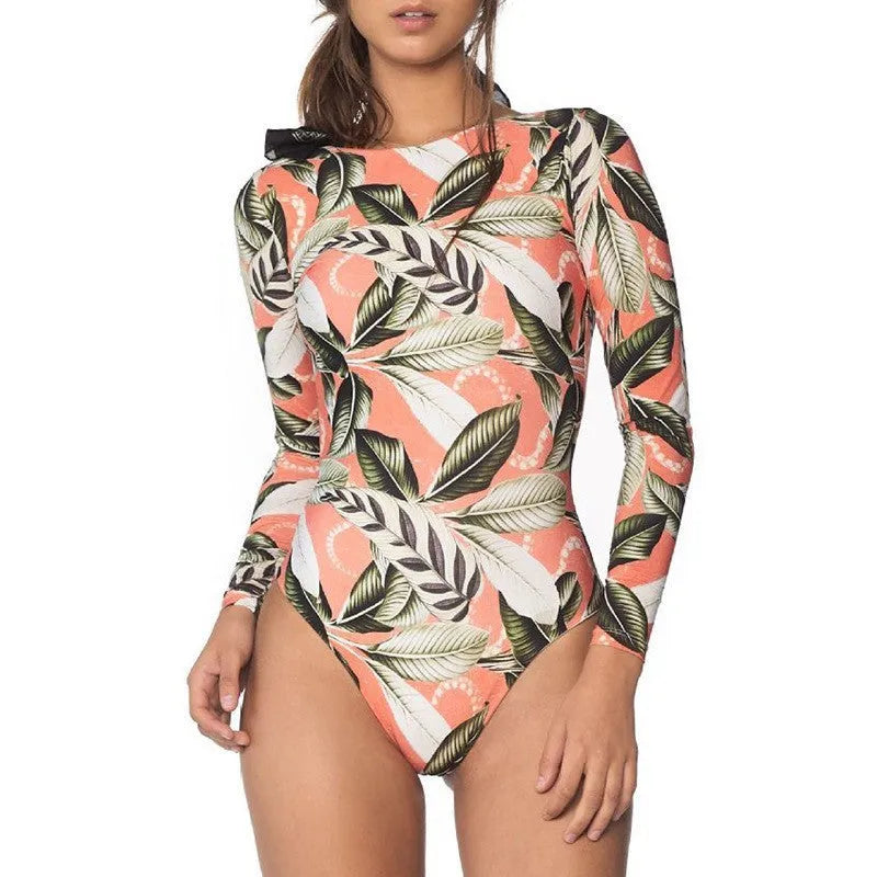 Women's leaf print one-piece swimsuit in conservative style for swimming