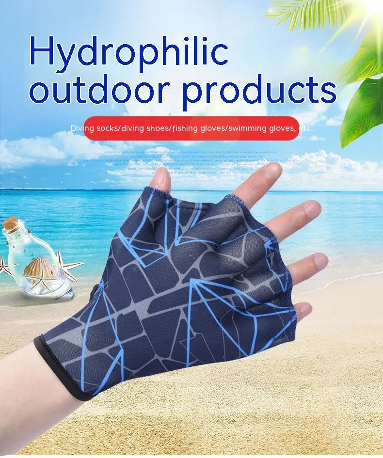 Outdoor swimming gloves with green duck feet webbing between fingers for water sports.