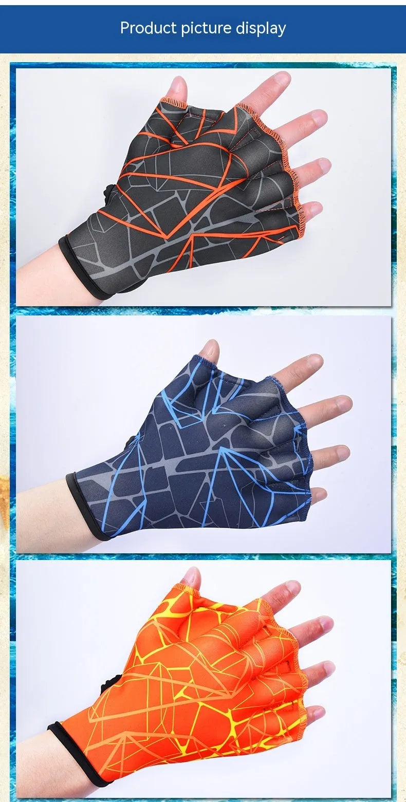 Outdoor swimming gloves with green duck feet webbing between fingers for water sports.