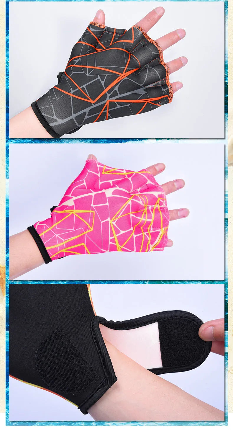 Outdoor swimming gloves with green duck feet webbing between fingers for water sports.