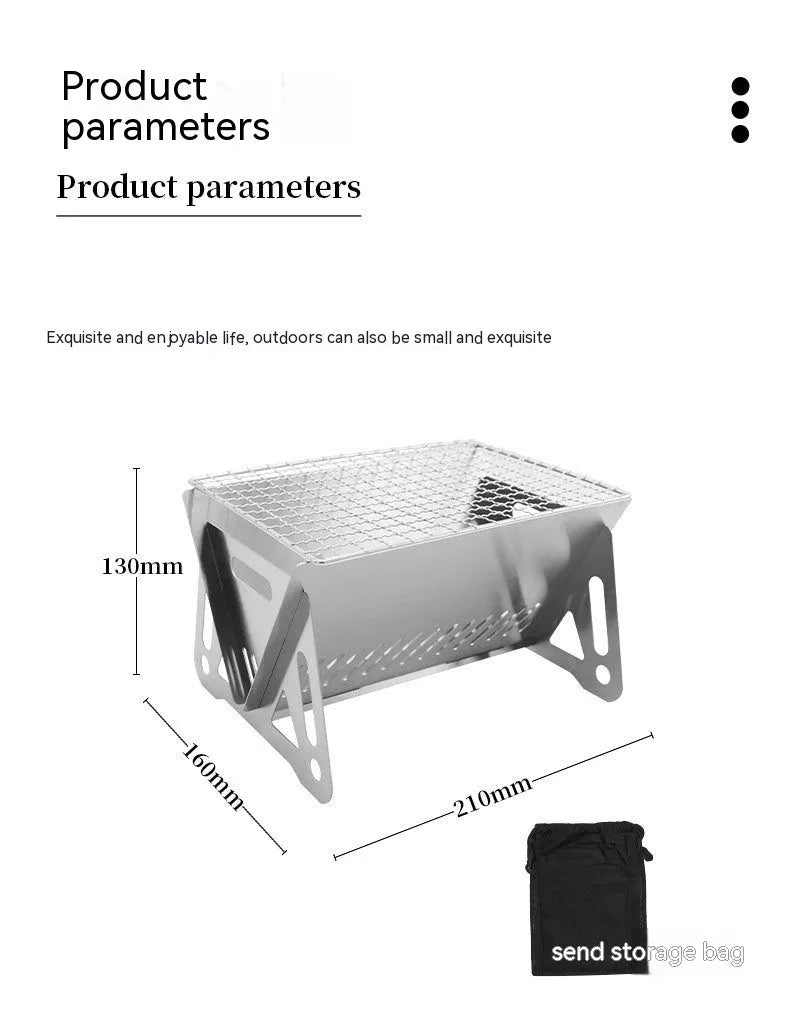 Folding stainless steel portable barbecue oven with large grill and storage bag.