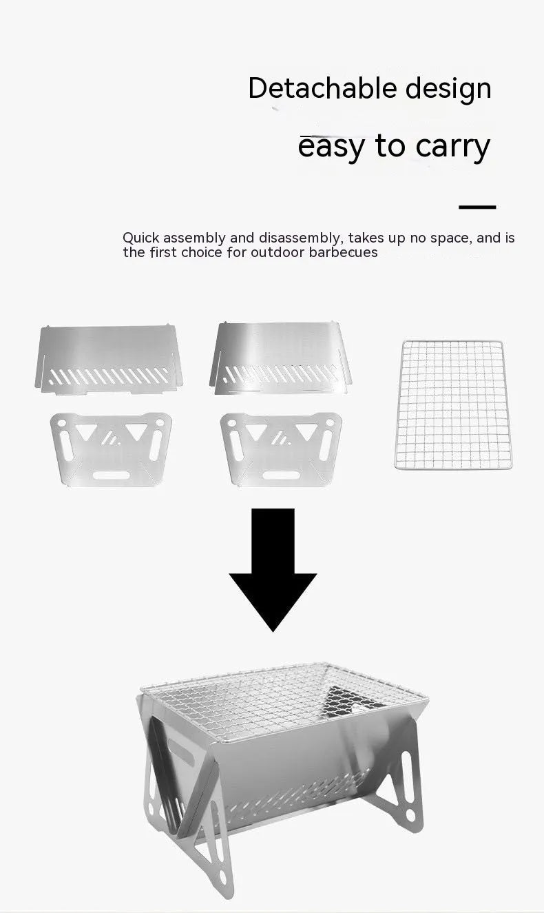 Folding stainless steel portable barbecue oven with large grill and storage bag.