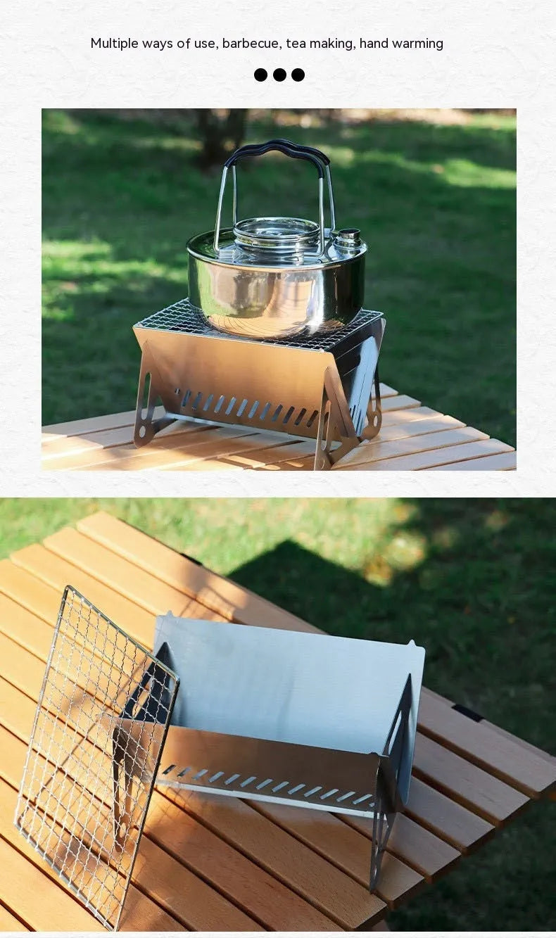 Folding stainless steel portable barbecue oven with large grill and storage bag.