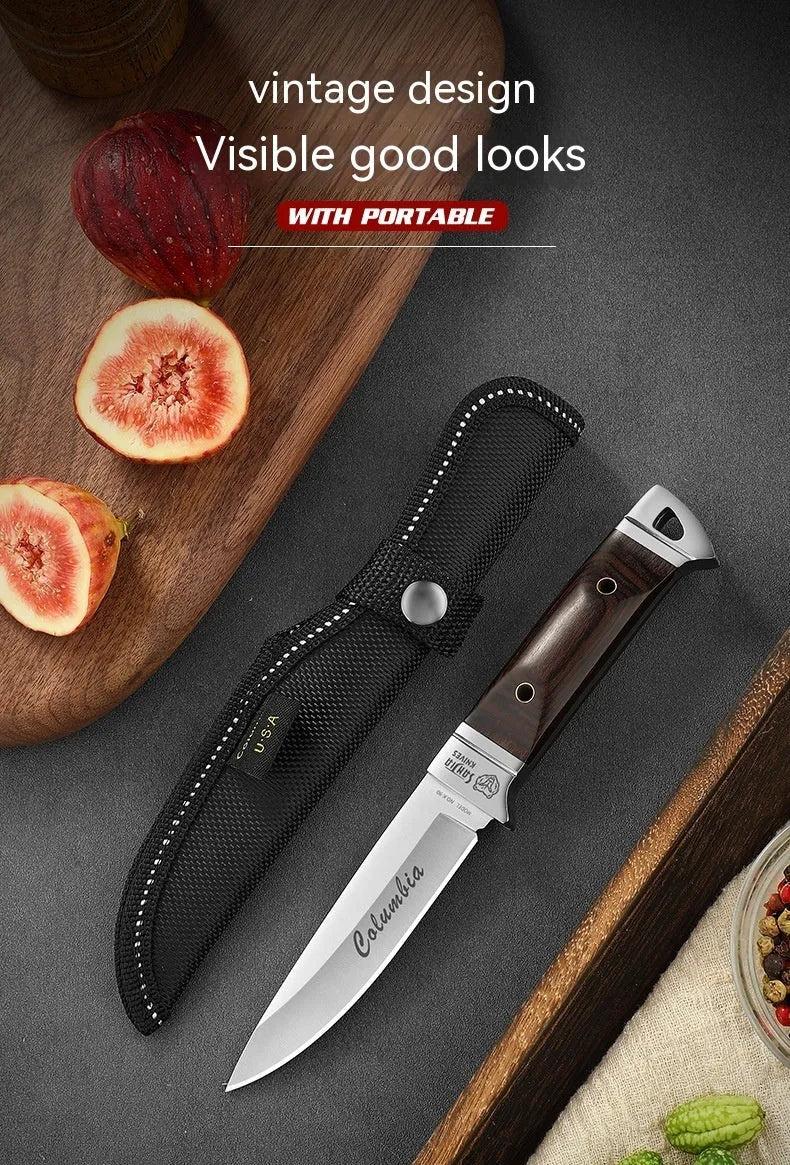 National style stainless steel camping knife with a leather sheath.