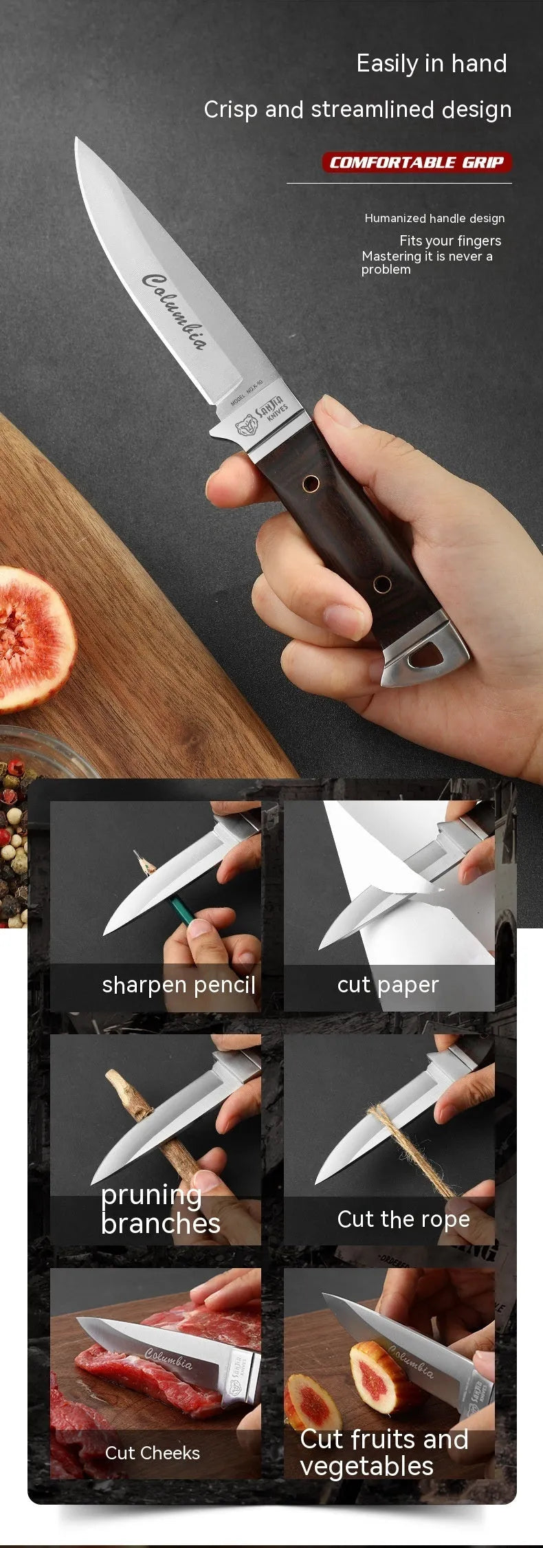 National style stainless steel camping knife with a leather sheath.