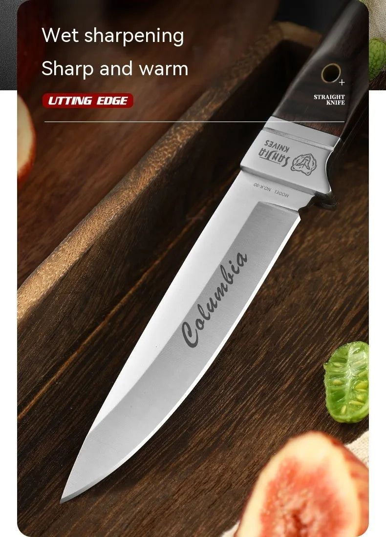 National style stainless steel camping knife with a leather sheath.