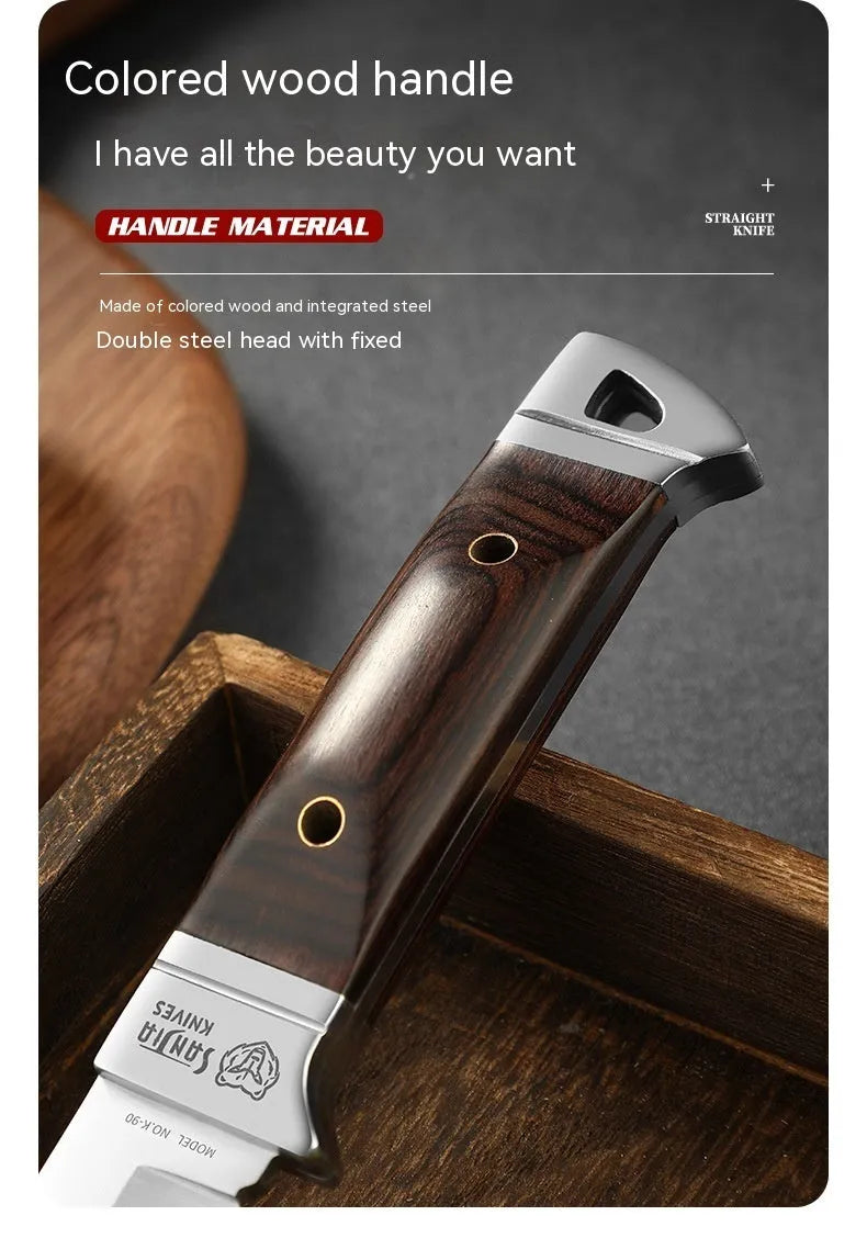 National style stainless steel camping knife with a leather sheath.