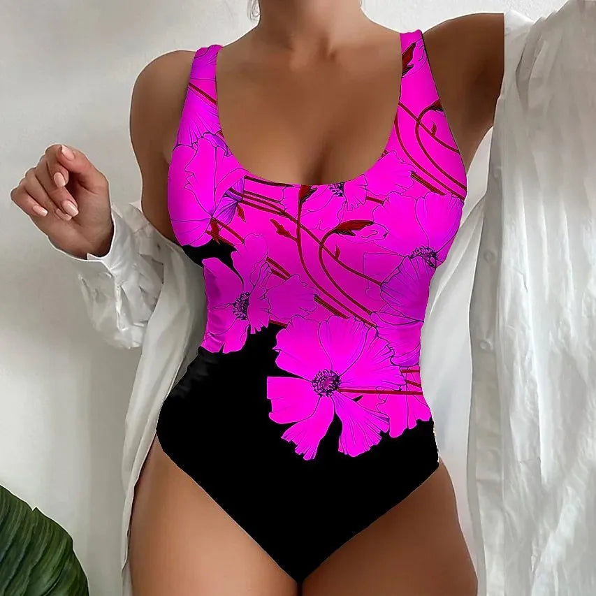 Women's 3D printed one-piece swimsuit in orange red, sky blue, or purple.