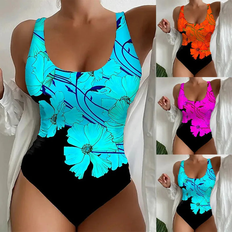 Women's 3D printed one-piece swimsuit in orange red, sky blue, or purple.