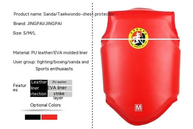 Red boxing helmet and chest protector set with one-piece design for training
