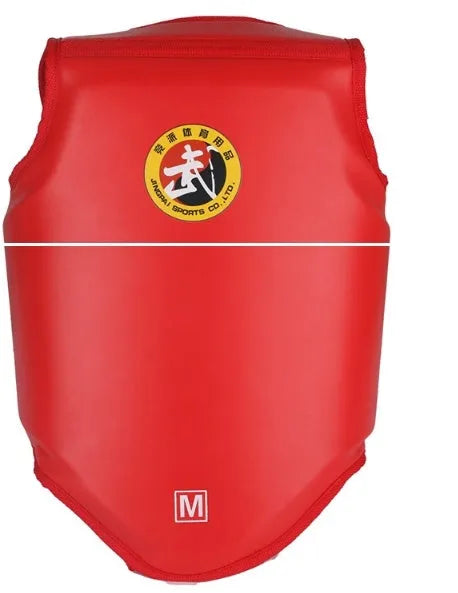 Red boxing helmet and chest protector set with one-piece design for training