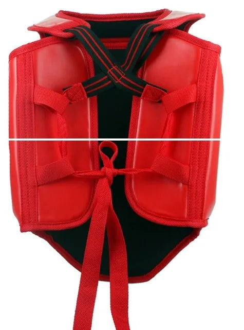 Red boxing helmet and chest protector set with one-piece design for training