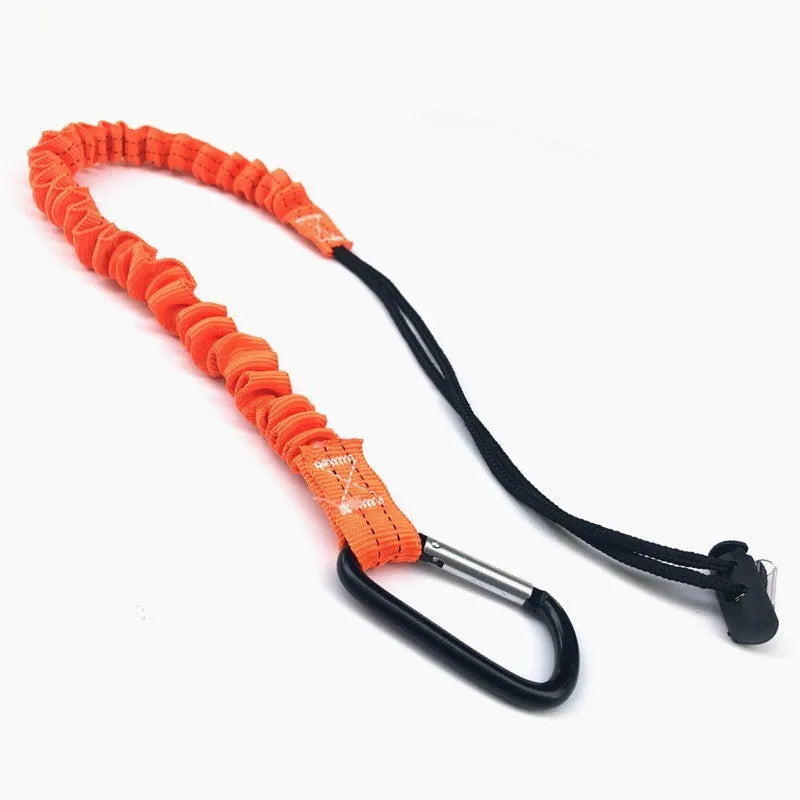 Orange fishing rod safety rope with clip, 90cm long, for fall protection.