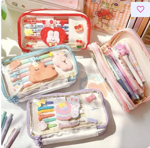 Transparent Japanese pen bag with rabbit design in pink cake or red love colour options