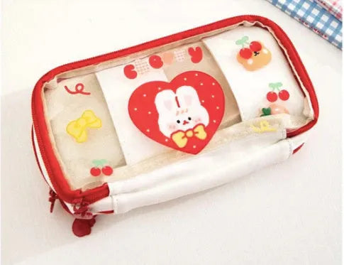 Transparent Japanese pen bag with rabbit design in pink cake or red love colour options