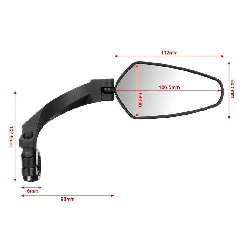 Black acrylic bicycle rearview mirror for mountain bikes, showing rotatable head and approximate 210mm by 102.5mm size.