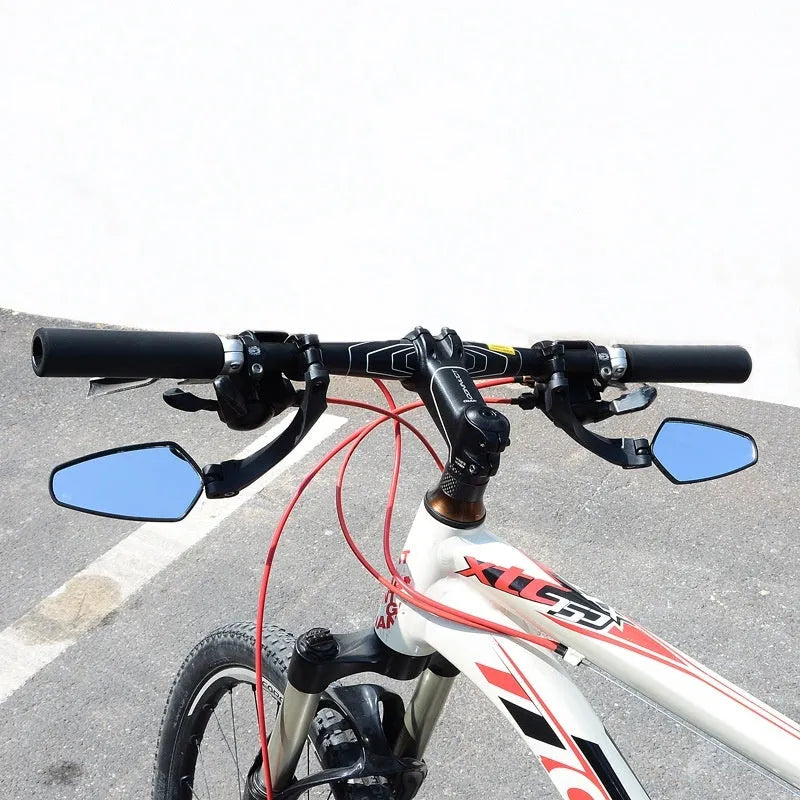 Black acrylic bicycle rearview mirror for mountain bikes, showing rotatable head and approximate 210mm by 102.5mm size.