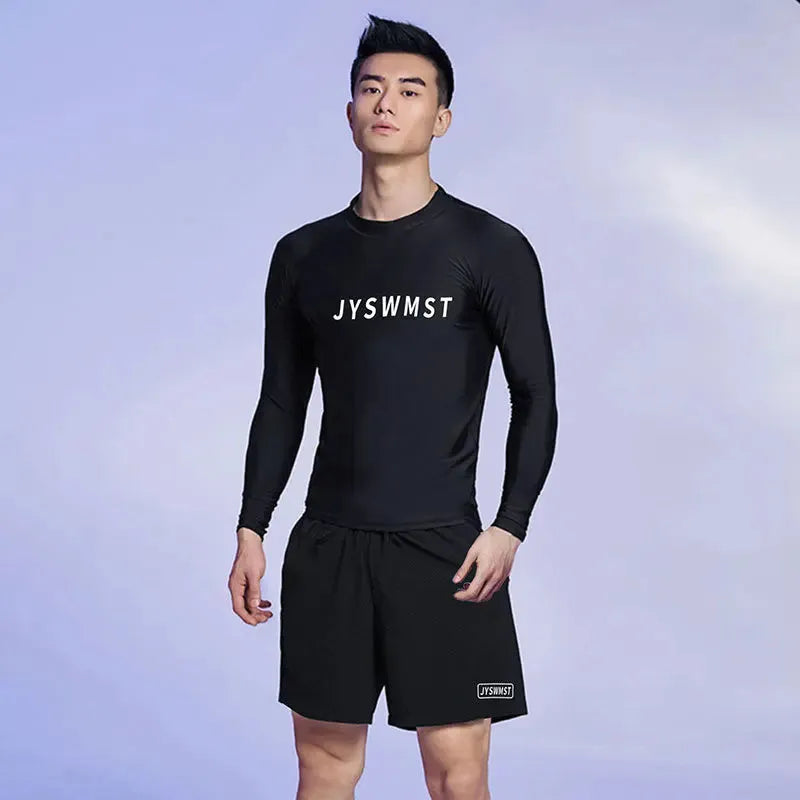 Men's plus size polyester swimsuit set showing top and trousers on a hanger