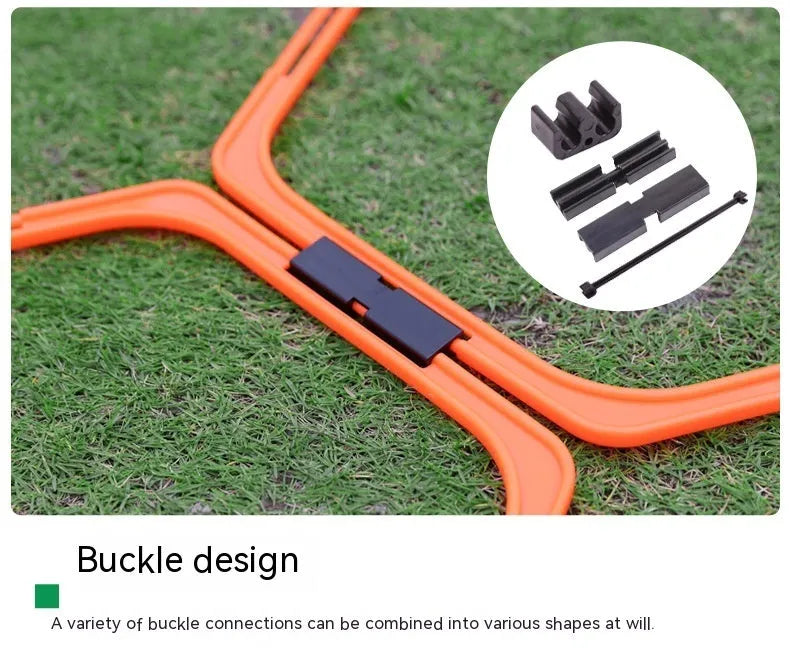 Six foldable yellow, green, and orange hexagon football agility training rings laid out on grass.