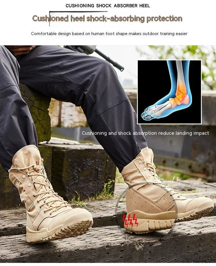 Summer Yulong Combat Boots in black or sand colour for outdoor climbing and tactical desert use
