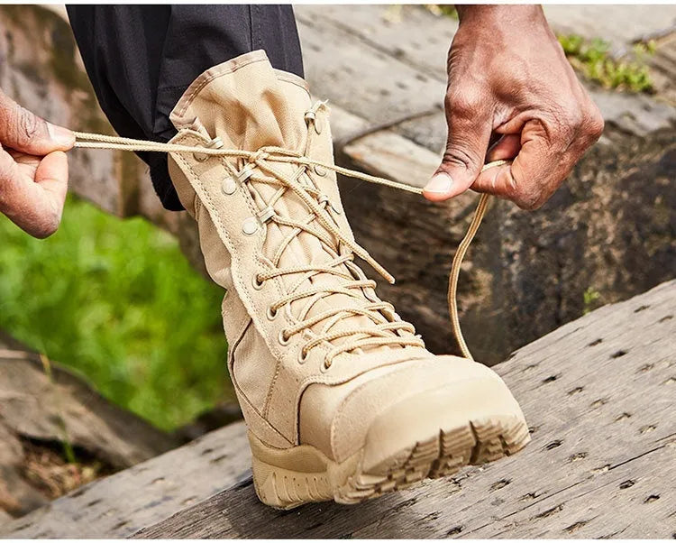Summer Yulong Combat Boots in black or sand colour for outdoor climbing and tactical desert use