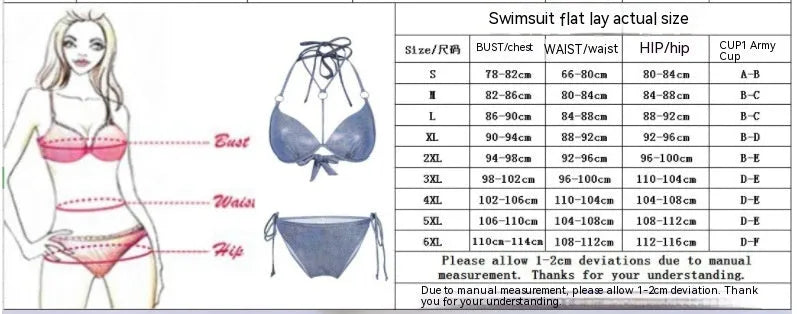 Blue women's split bikini swimsuit with printed design on a hanger.