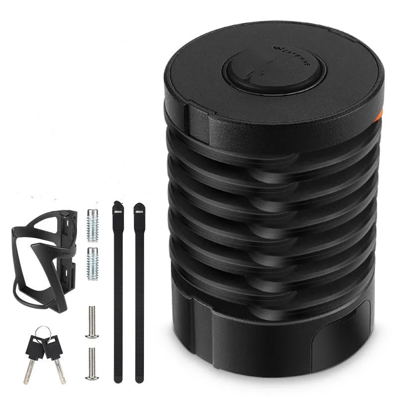 Portable black and black-orange bicycle folding lock made from zinc alloy and steel on a plain background.