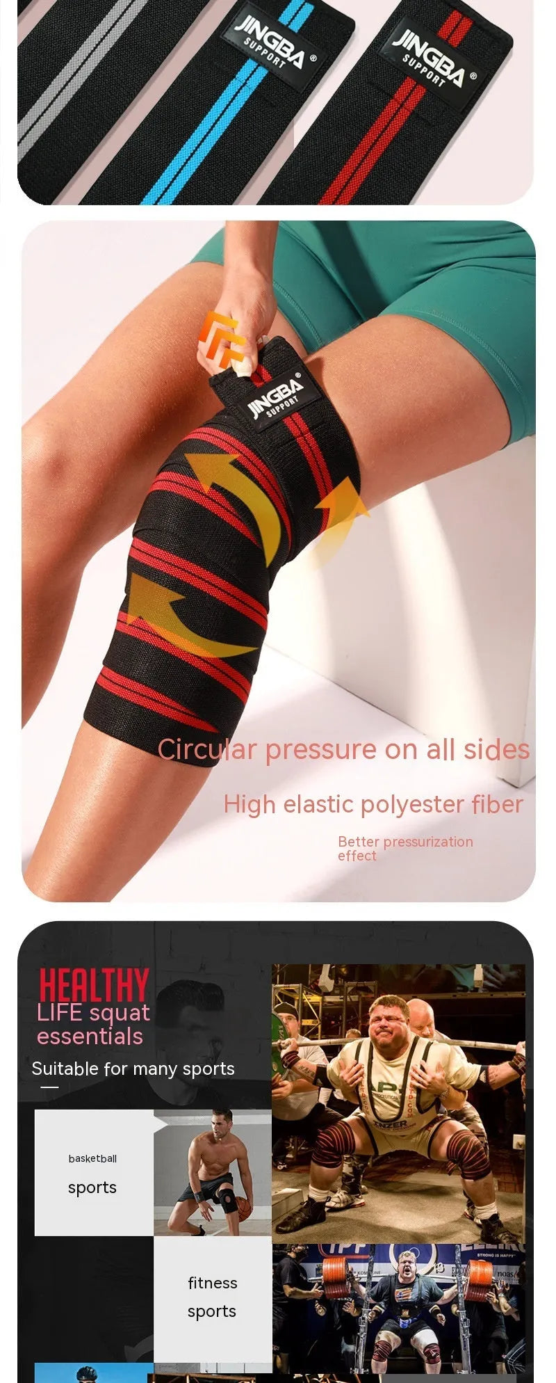 Adjustable adult knee pads in blue grey red yellow for weightlifting squatting cycling sports protection