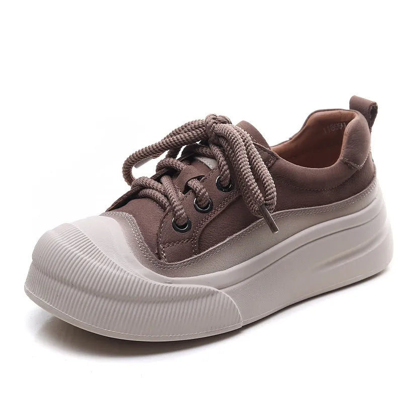 Women's yellow and brown full grain cowhide leather lace-up casual shoes with round toe.